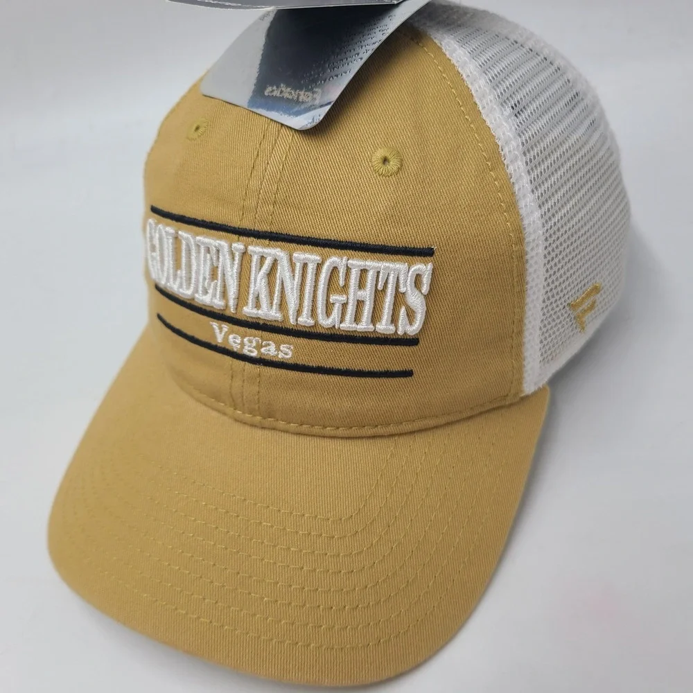 Vegas Golden Knights Hat Snapback Trucker Mesh Fanatics Gold White NHL Split Bar
